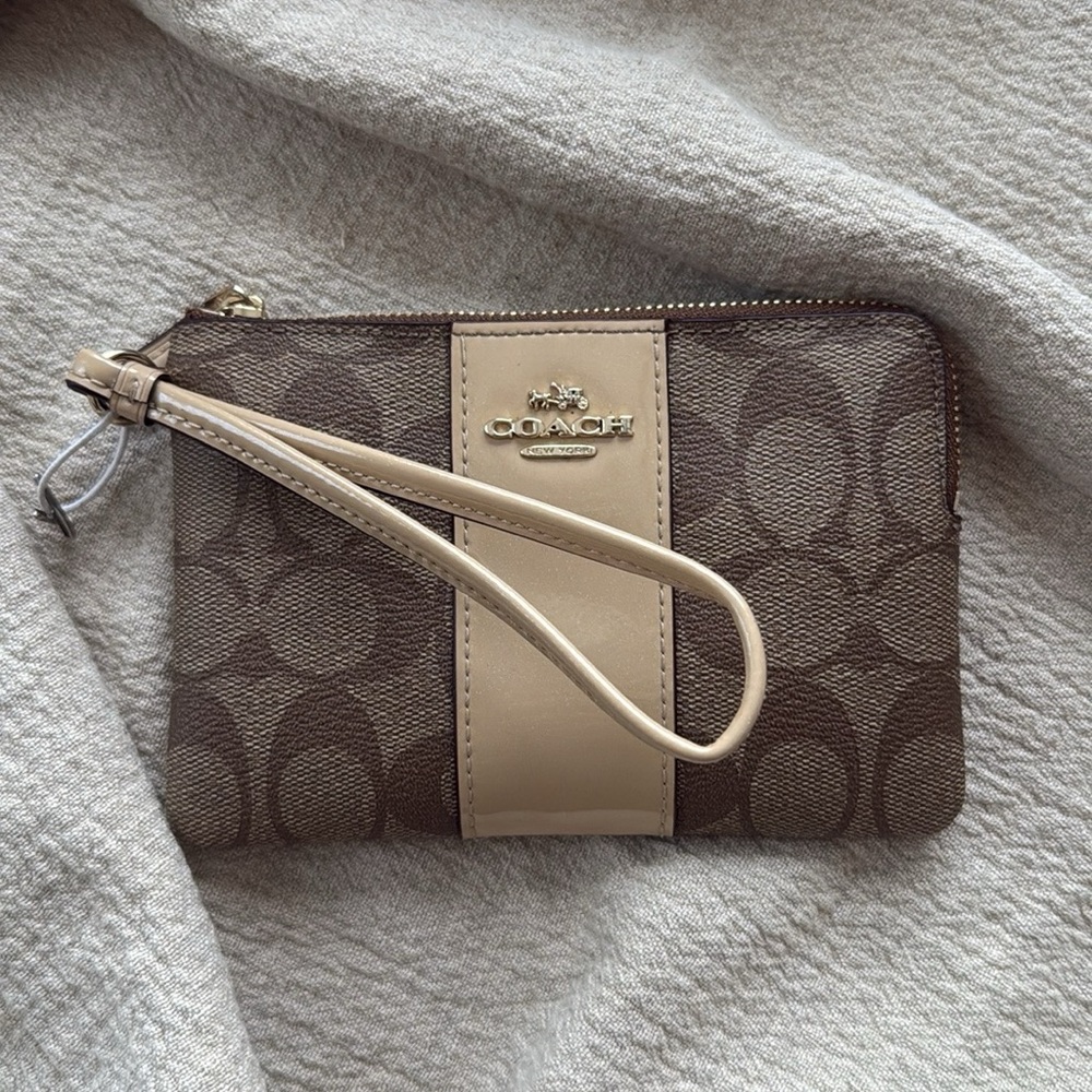 *LOW START* Coach Signature Stripe Wristlet Brown & Beige Logo Canvas NWOT